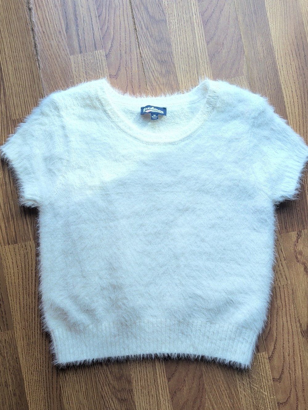 Cream Fuzzy Short-Sleeve Crewneck Sweater
